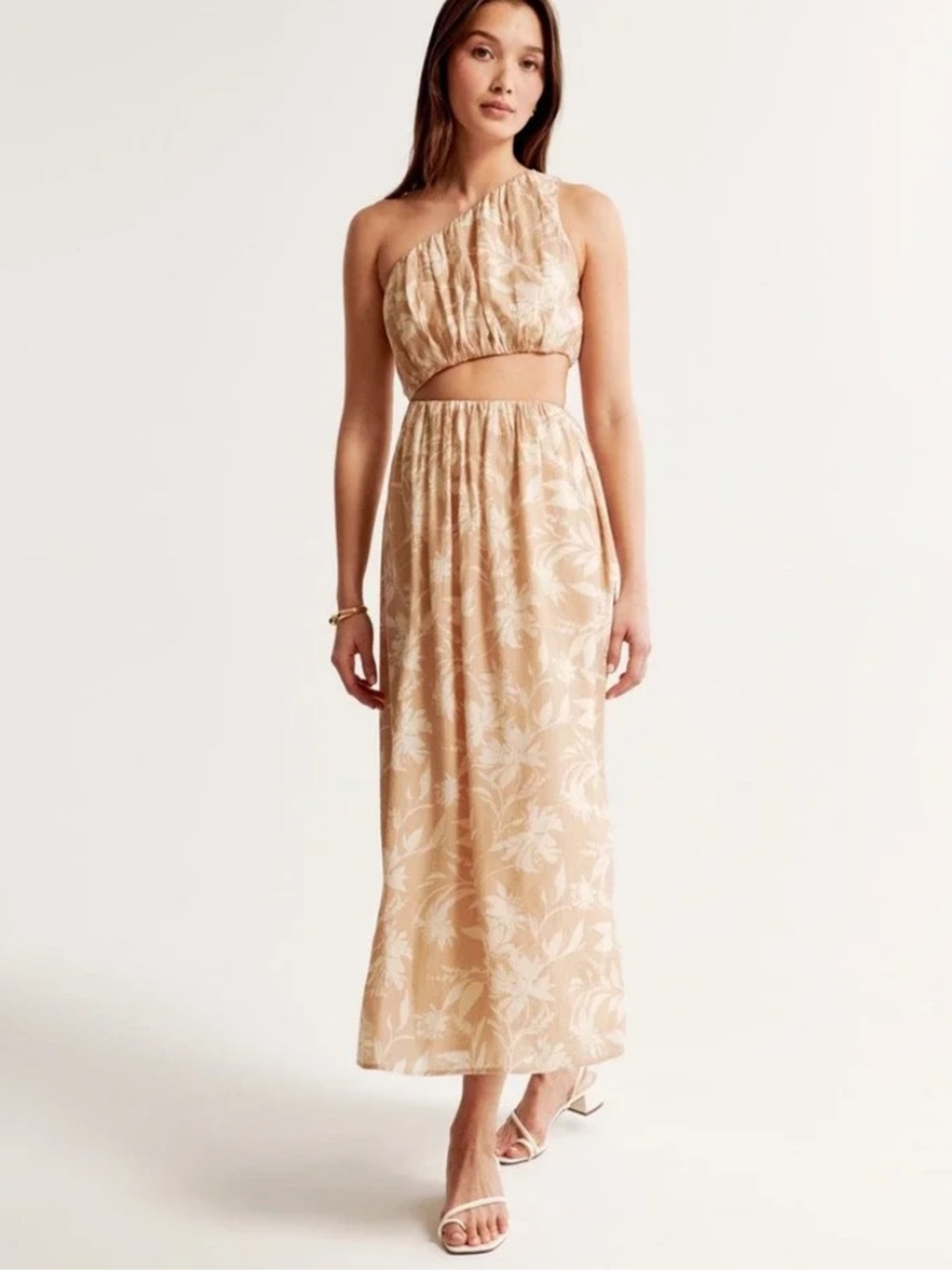 Abercrombie & Fitch One-Shoulder Cutout Maxi Dress in Beige Palm